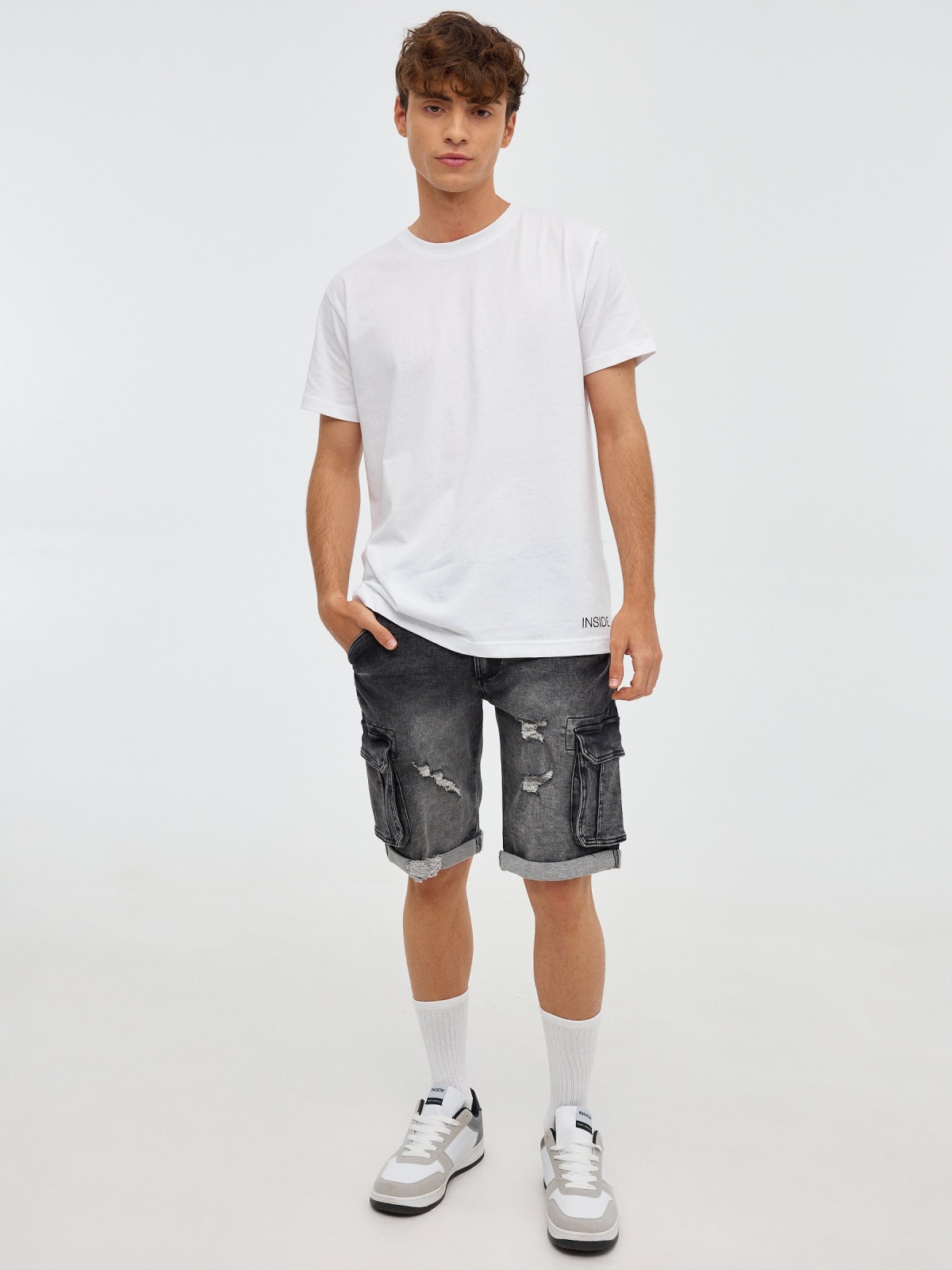 Cargo denim bermuda shorts black front view