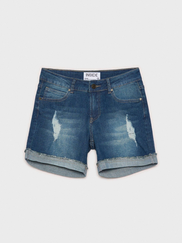  Shorts denim rasgados bainha desfiada azul