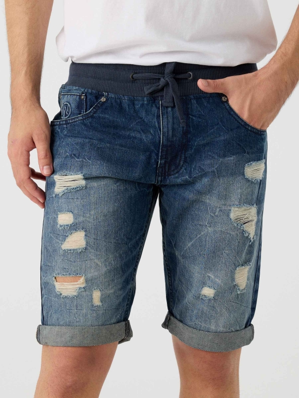 Ripped denim shorts elastic waist blue detail view