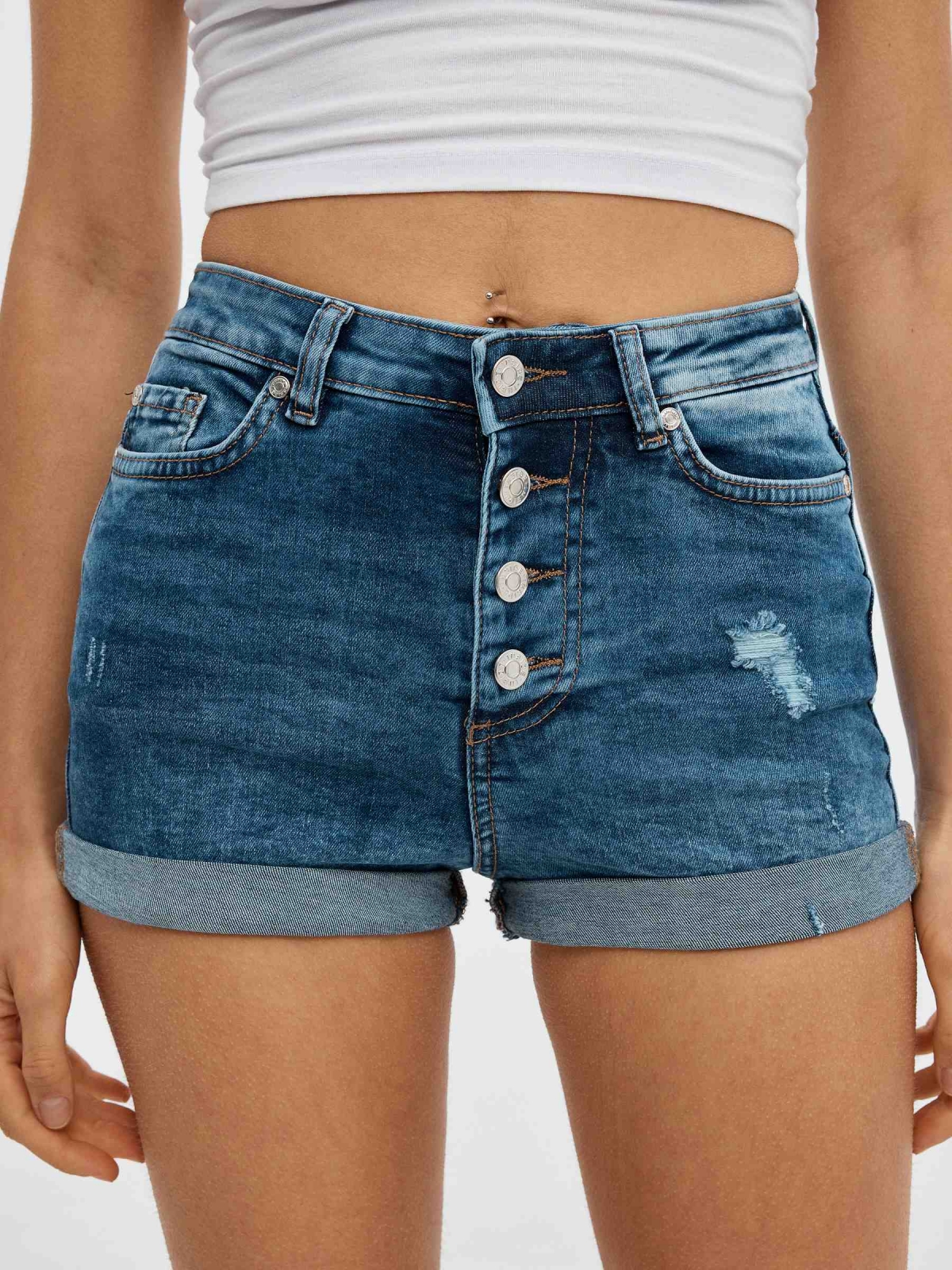 Ripped denim shorts with buttons dark blue detail view