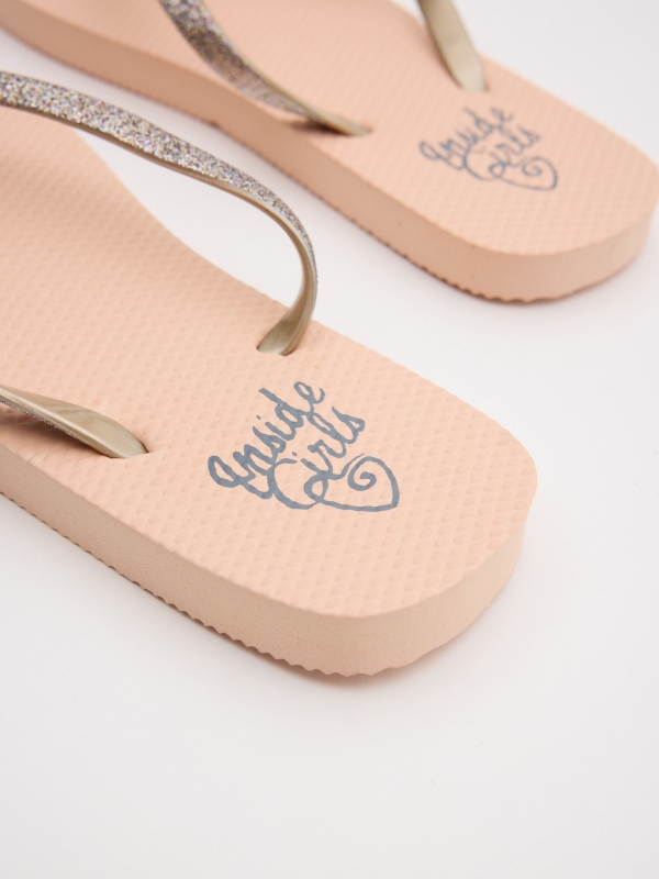 Multicolor glitter toe flip flop coral detail view