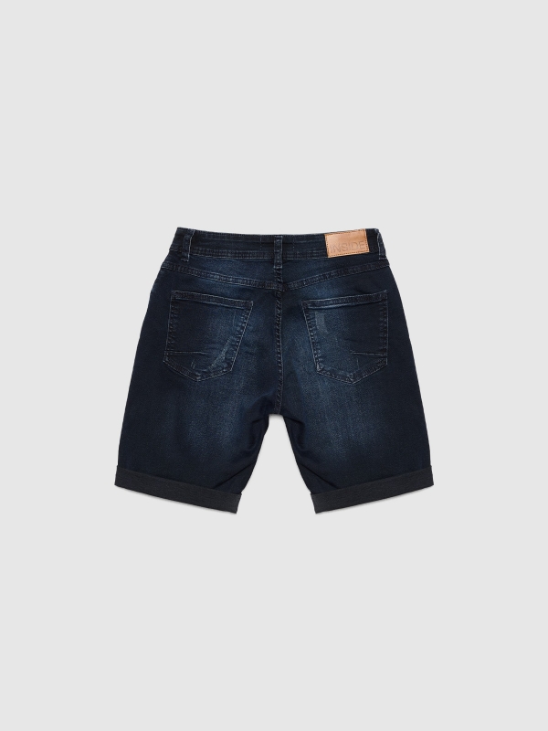 Ripped dark blue denim bermuda short blue detail view