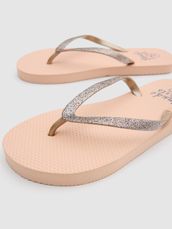 Multicolor glitter toe flip flop coral detail view