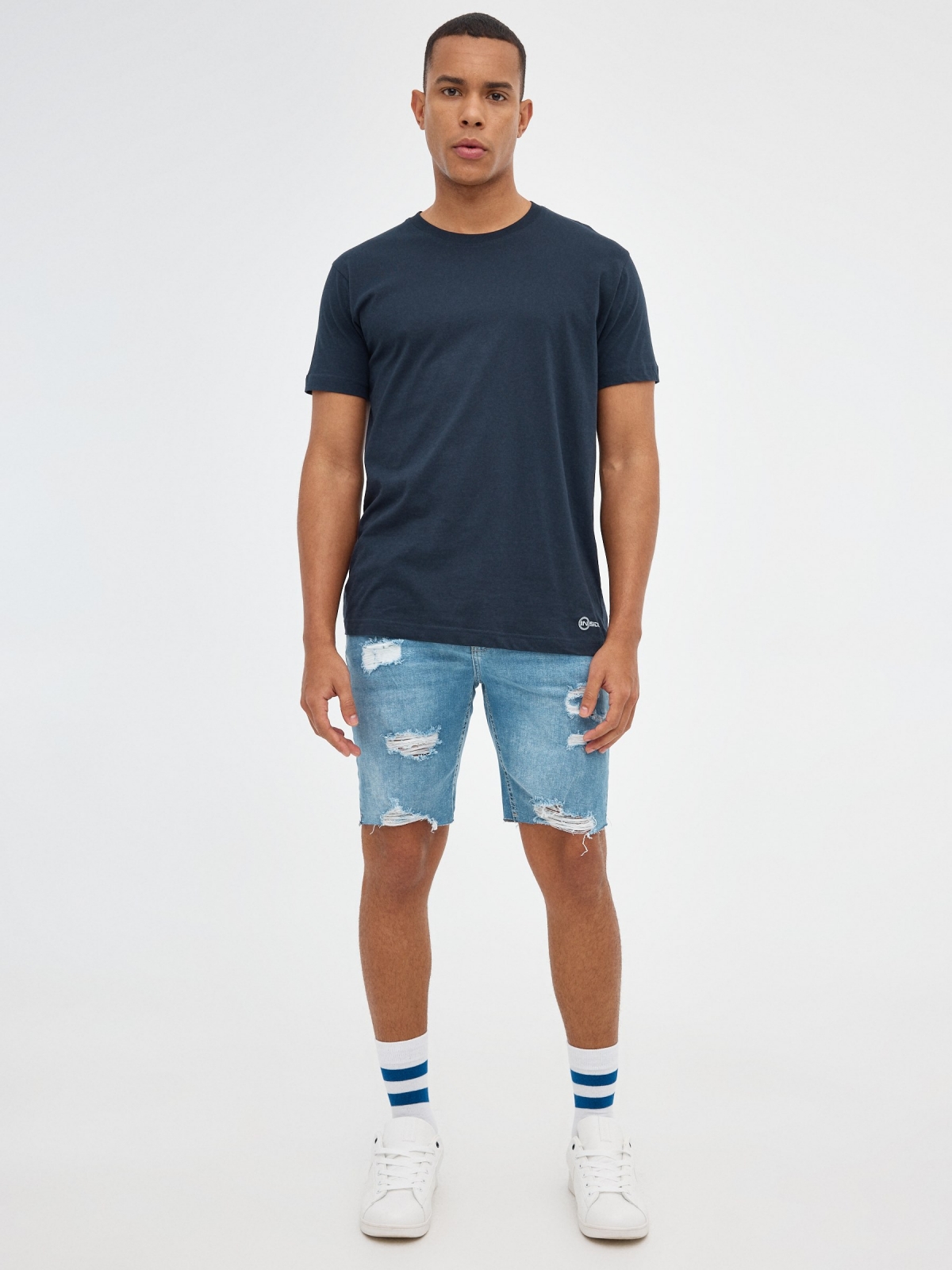 Ripped Denim Skinny Bermuda Shorts blue front view