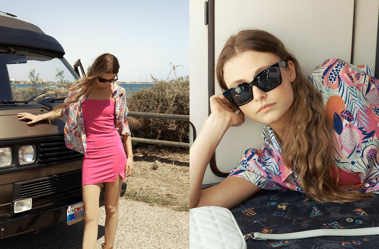 Camisa estampado tropical multicolorido vista meia frontal