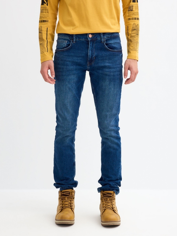 Mid rise slim denim jeans blue middle front view