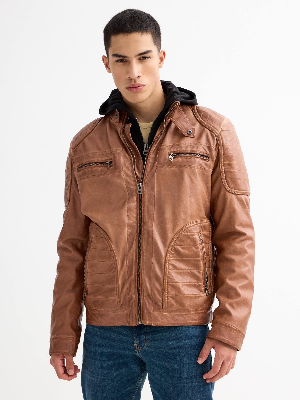 Brown leather effect jacket beige detail view