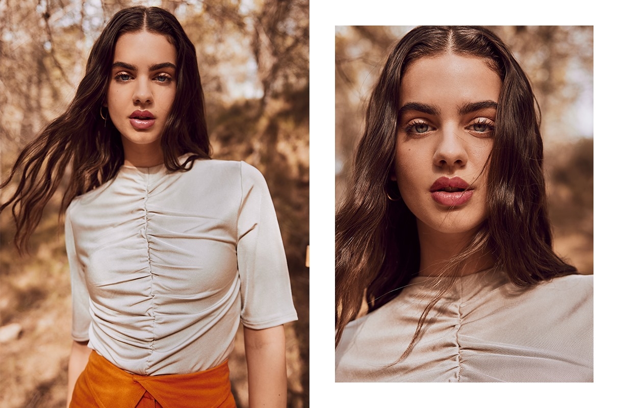 Satin ruffled T-shirt taupe middle front view