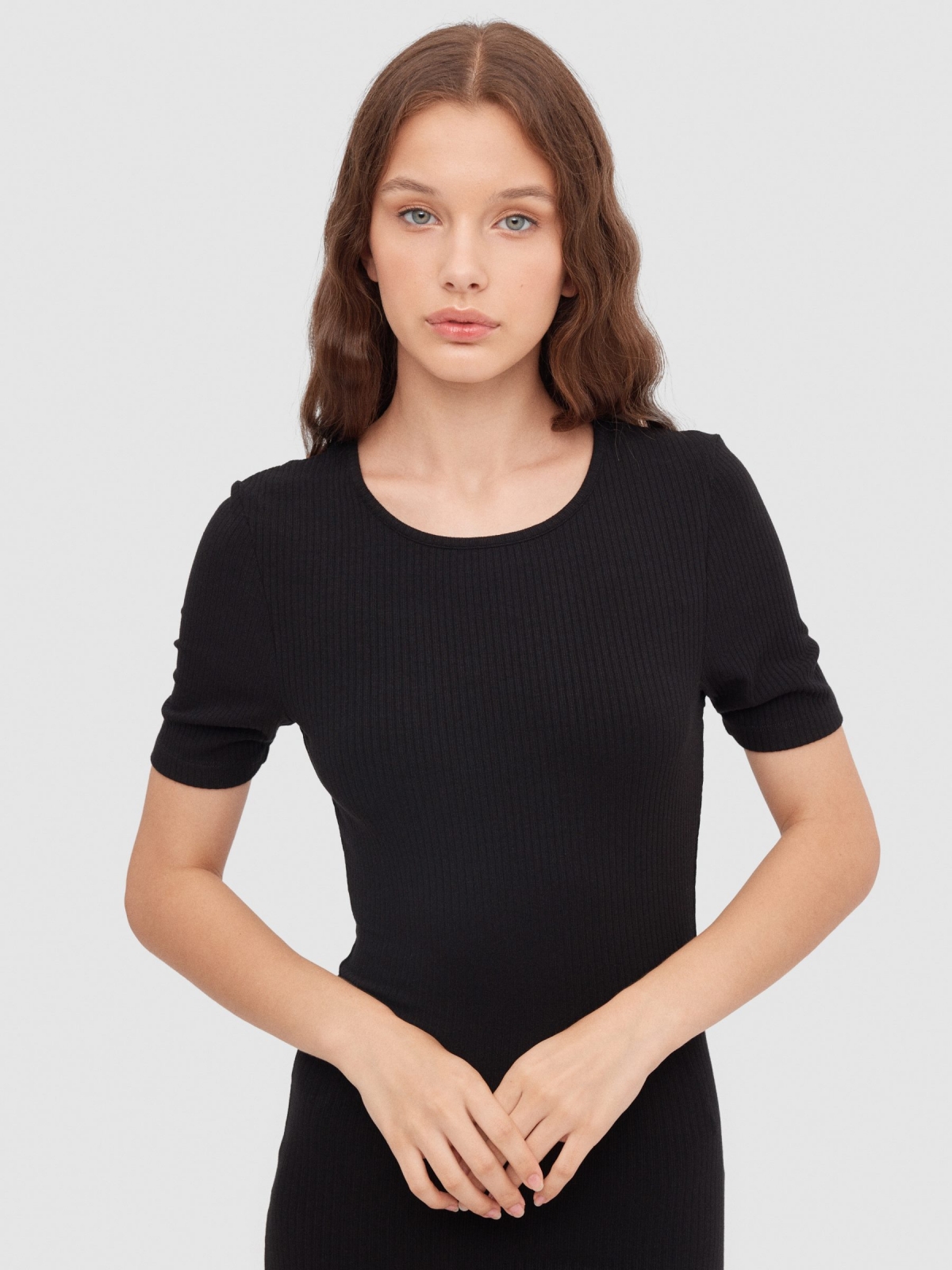 Ribbed midi dress black front view