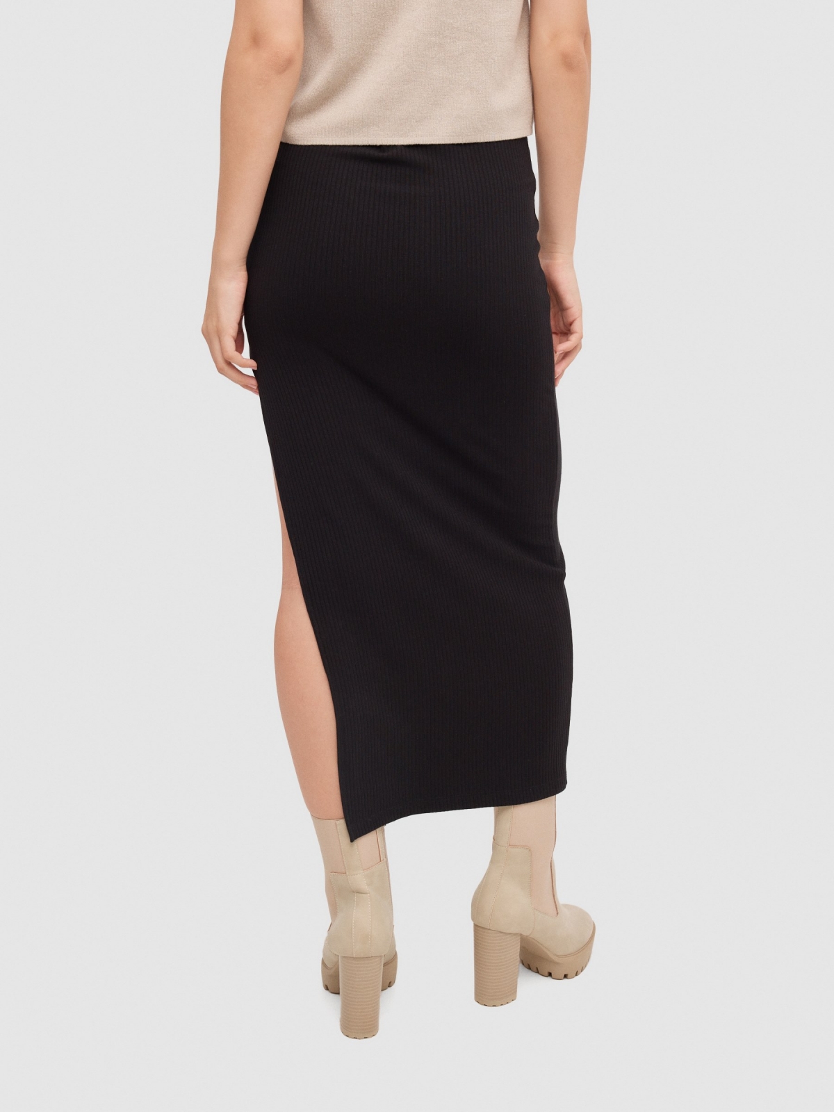 Ribbed midi skirt black front view