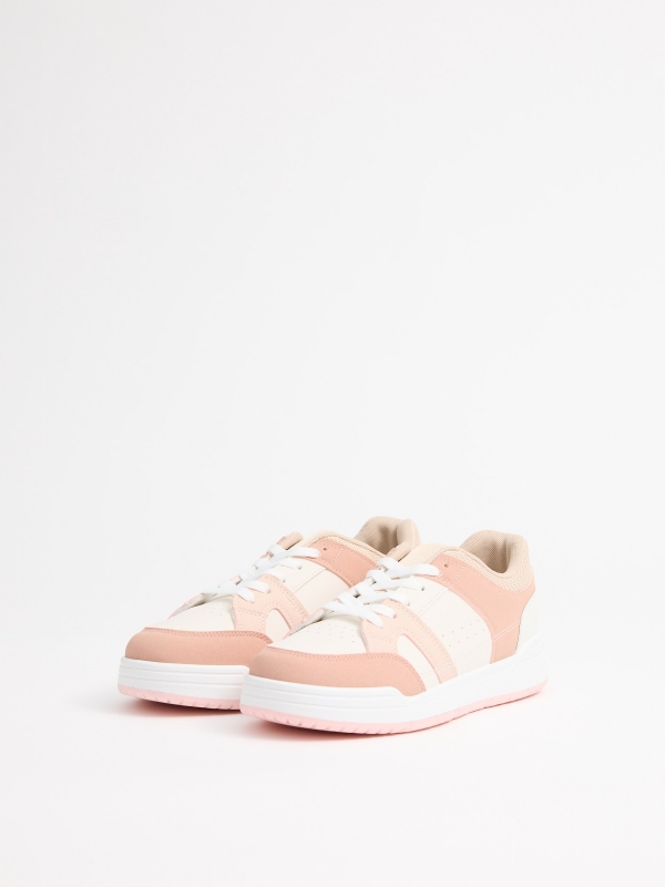 Casual combined faux leather sneakers sand 45º front view