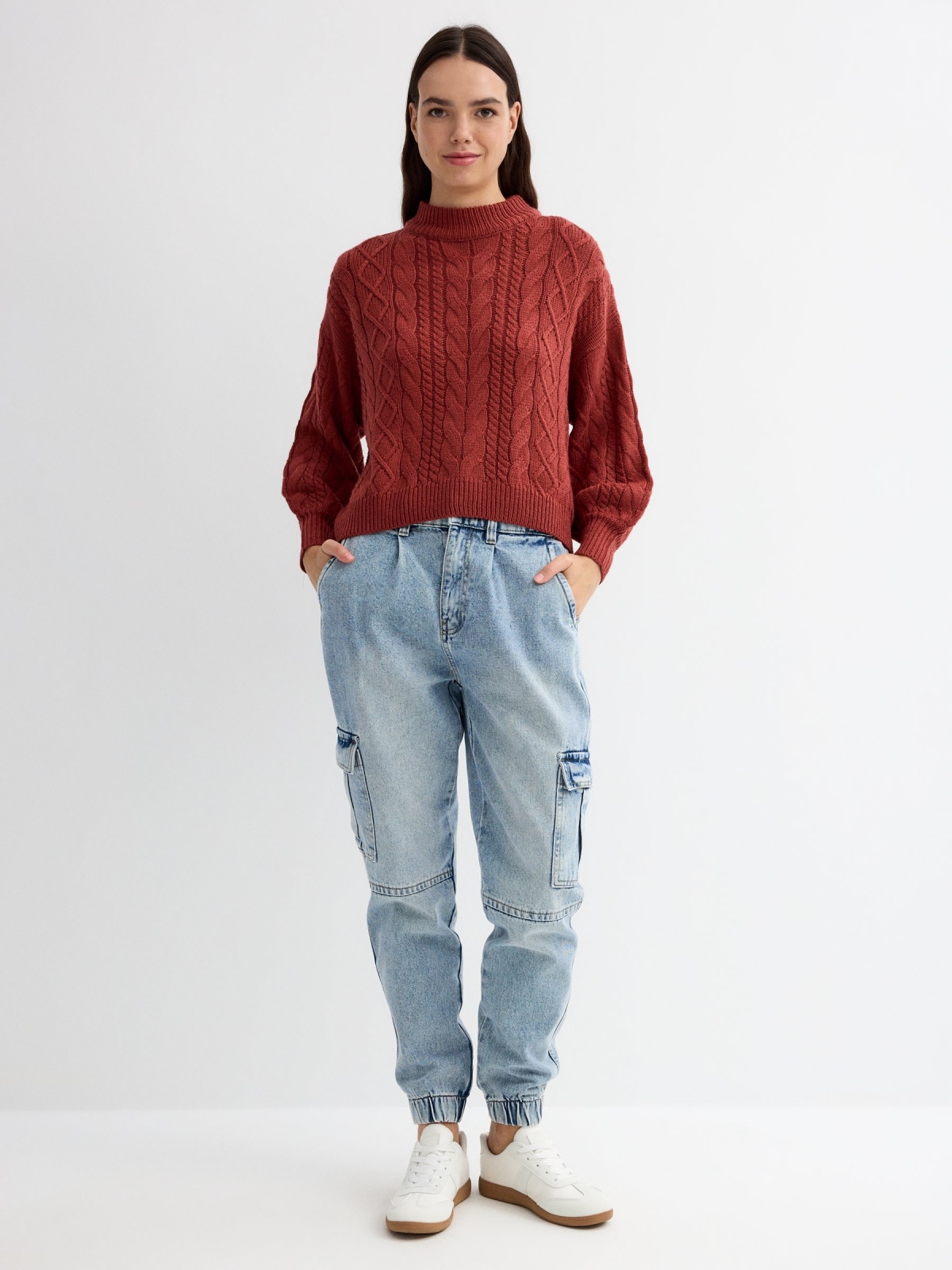 Eights tile crop sweater brick red general front view