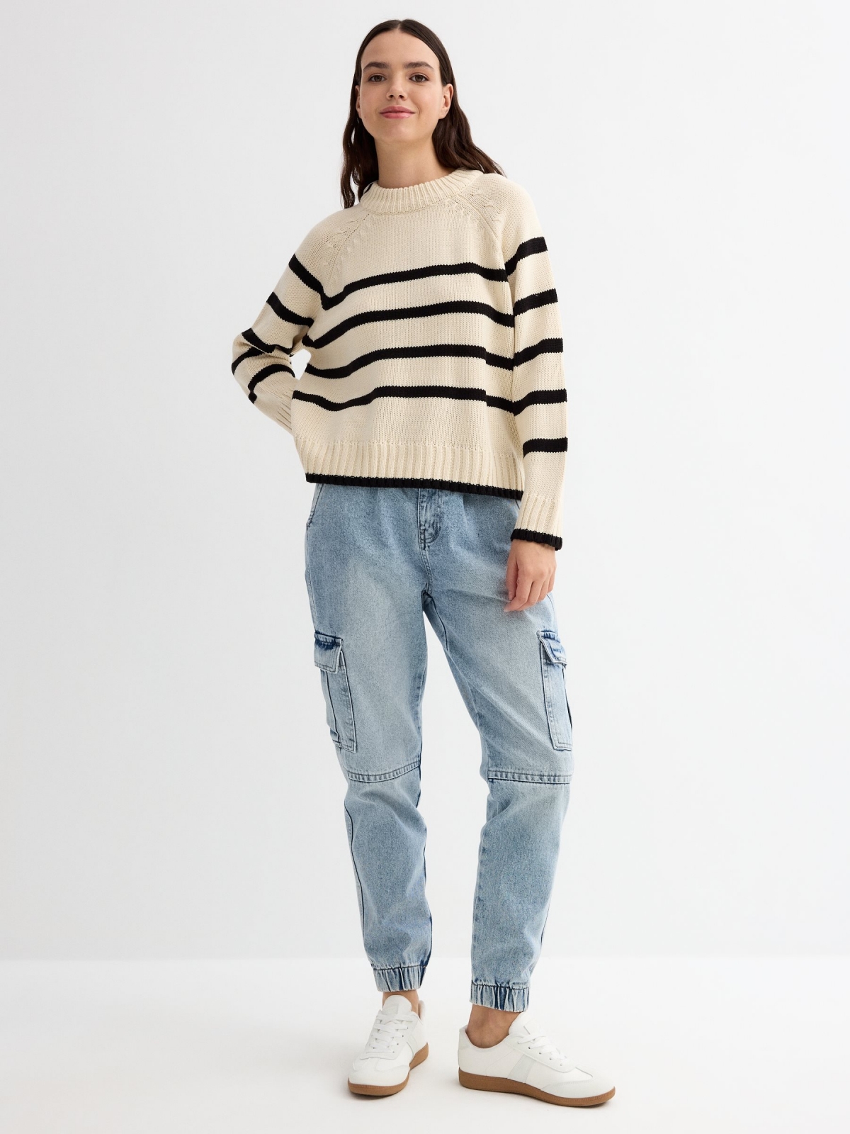 Oversize striped sweater beige general front view