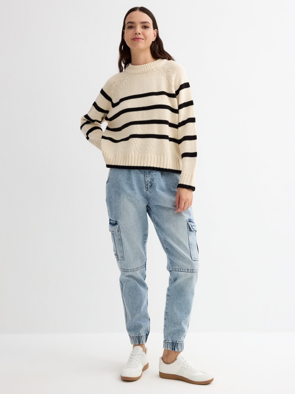 Oversize striped sweater beige general front view