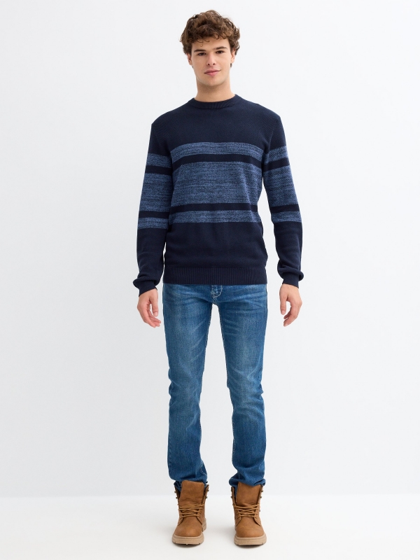 Two-colour striped jumper navy general front view