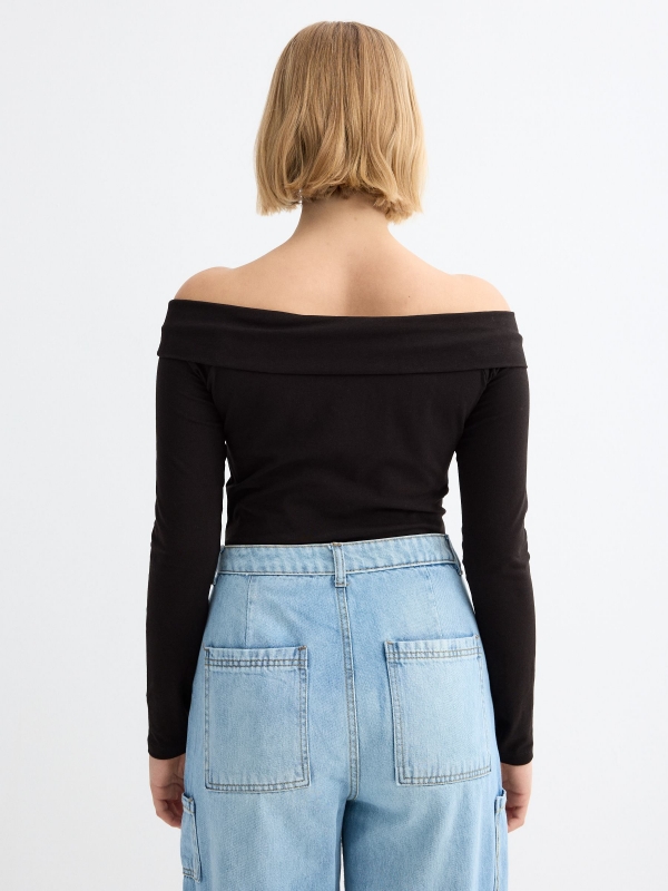 Long sleeve black t-shirt with bardot neckline black middle back view