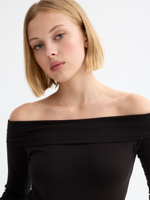 Long sleeve black t-shirt with bardot neckline black detail view