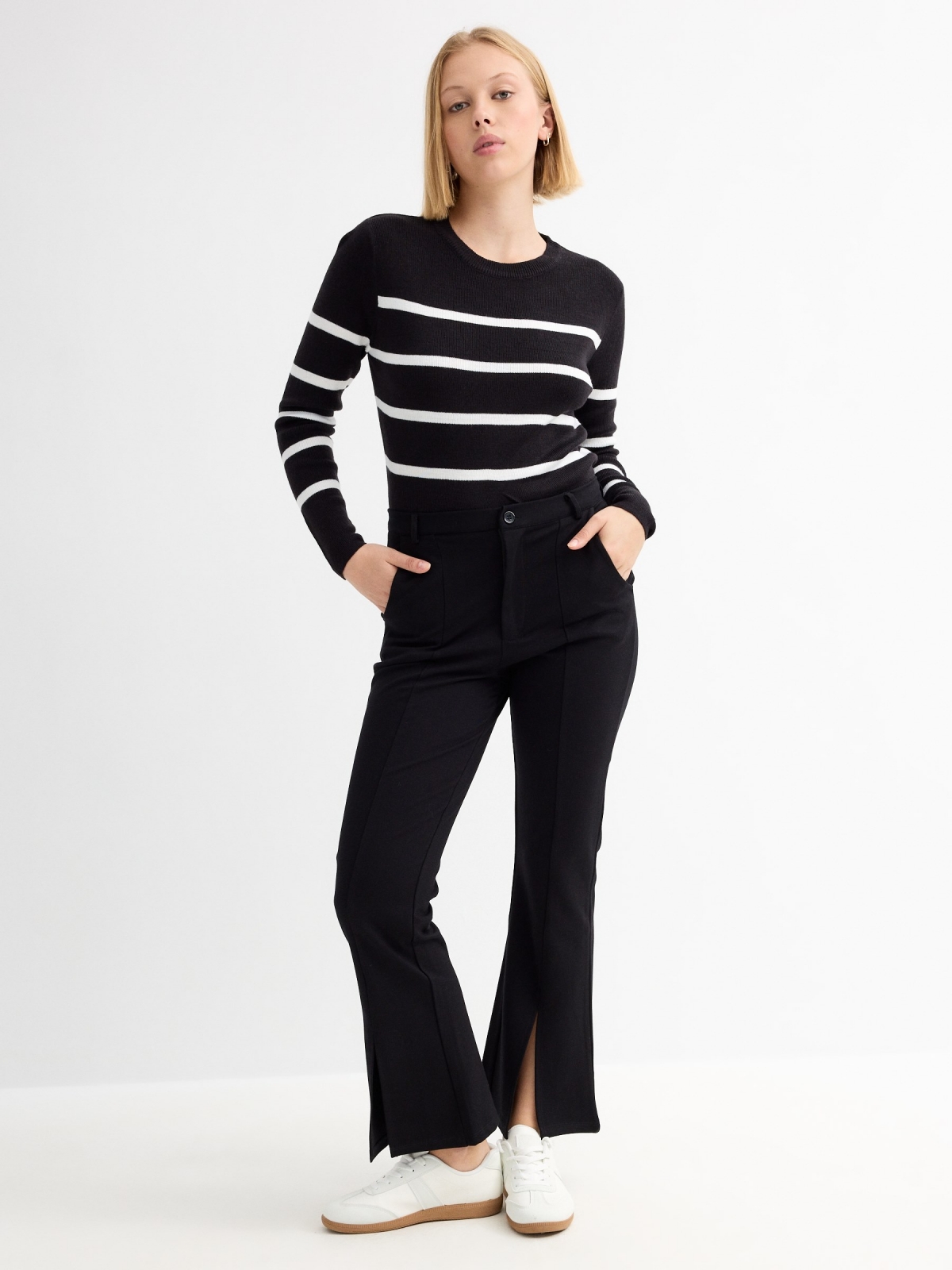 Black and white striped crop jumper black general front view