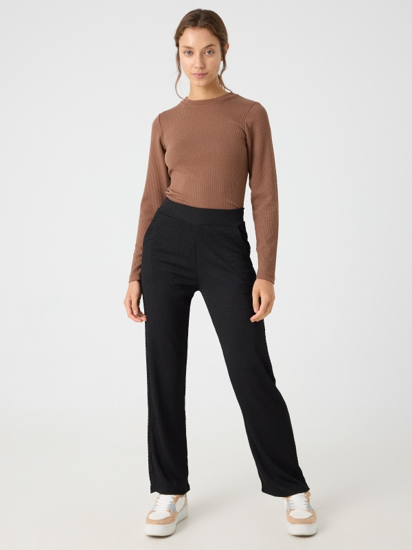 Textured black wide leg pantalon black front view