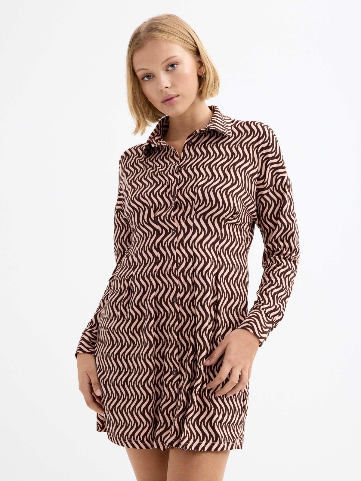 Optical print shirt dress earth brown three-quarter front view