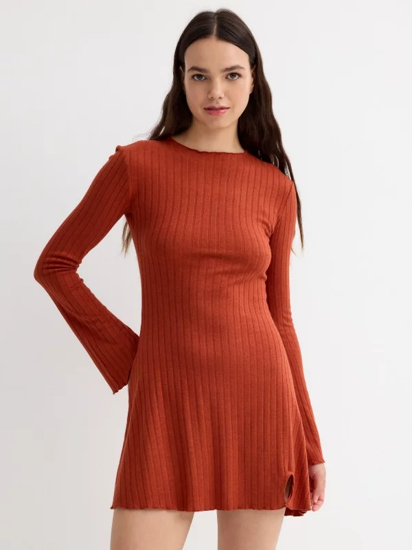 Ribbed curly flared sleeve dress copper three-quarter front view