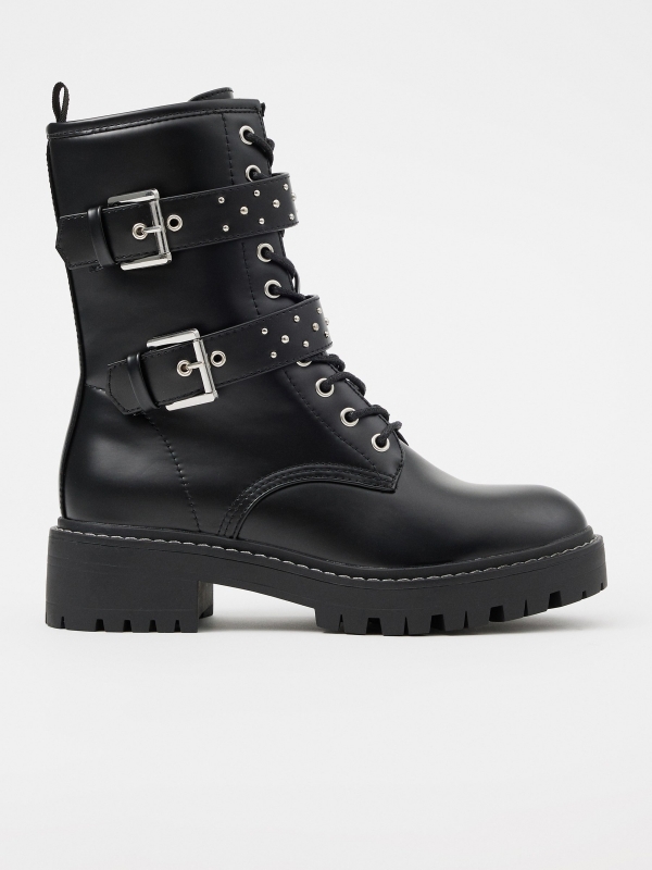 Ankle boot with buckles and studs