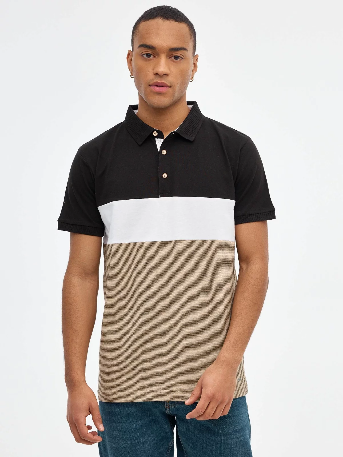 Color block striped polo shirt beige middle front view