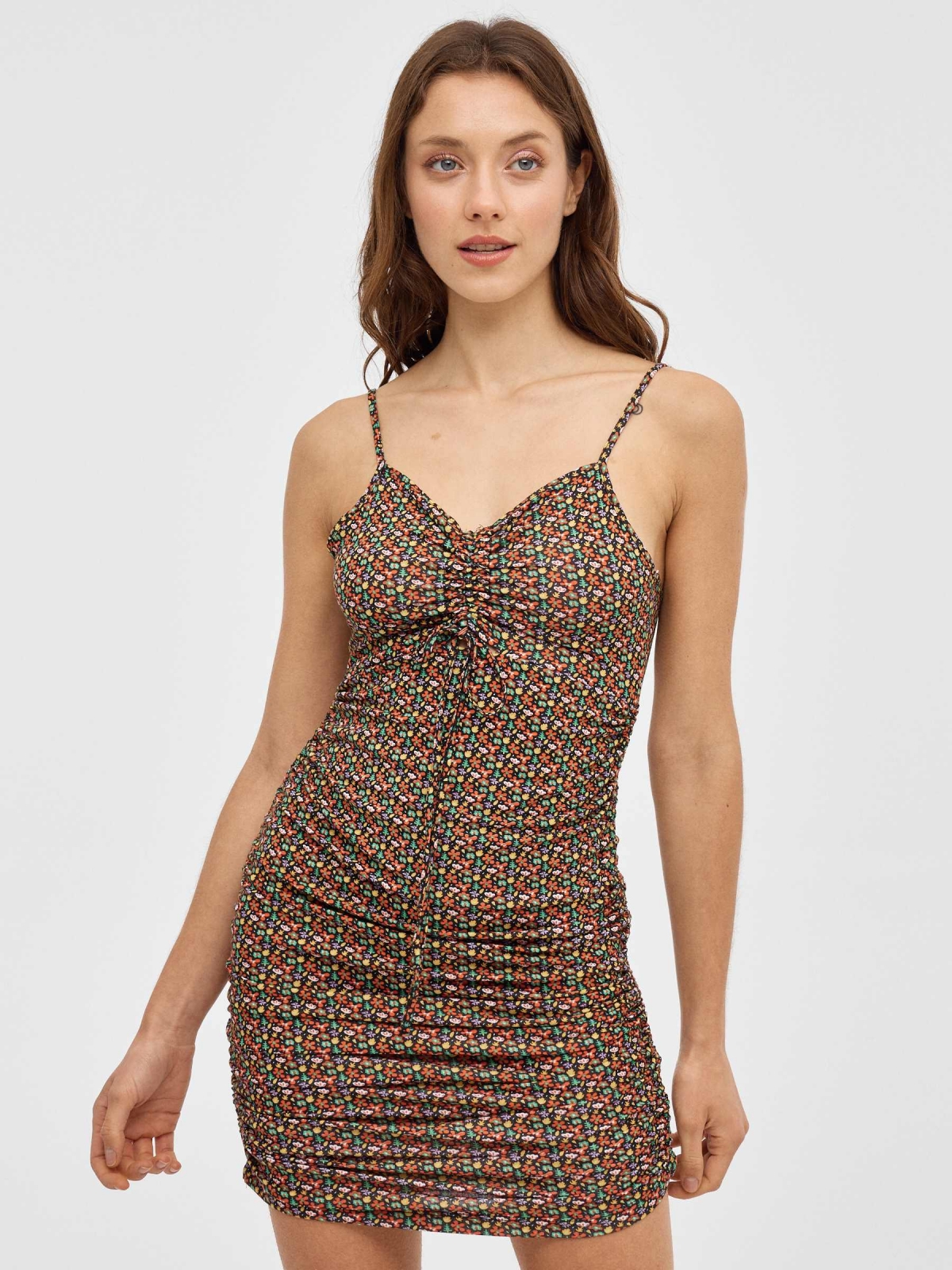 Vestido midi estampado sem alças preto vista meia frontal