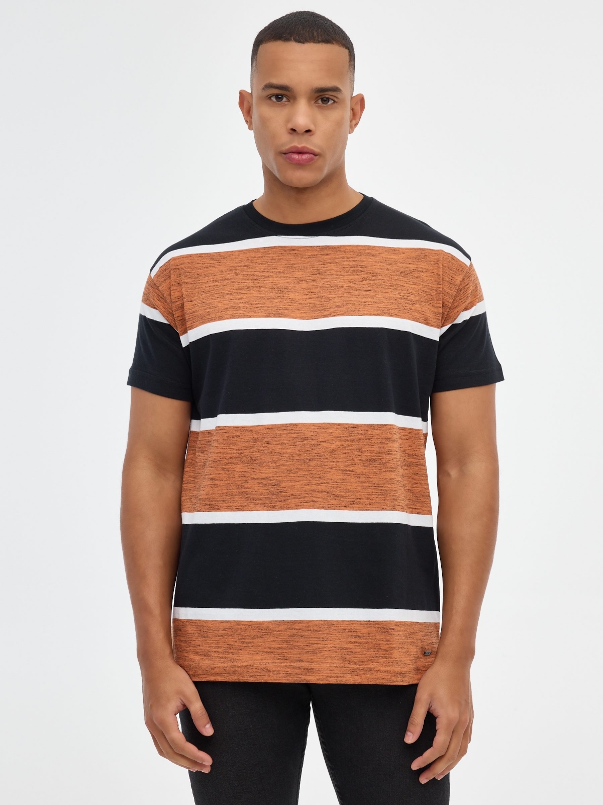 Bicolor striped T-shirt brown middle front view