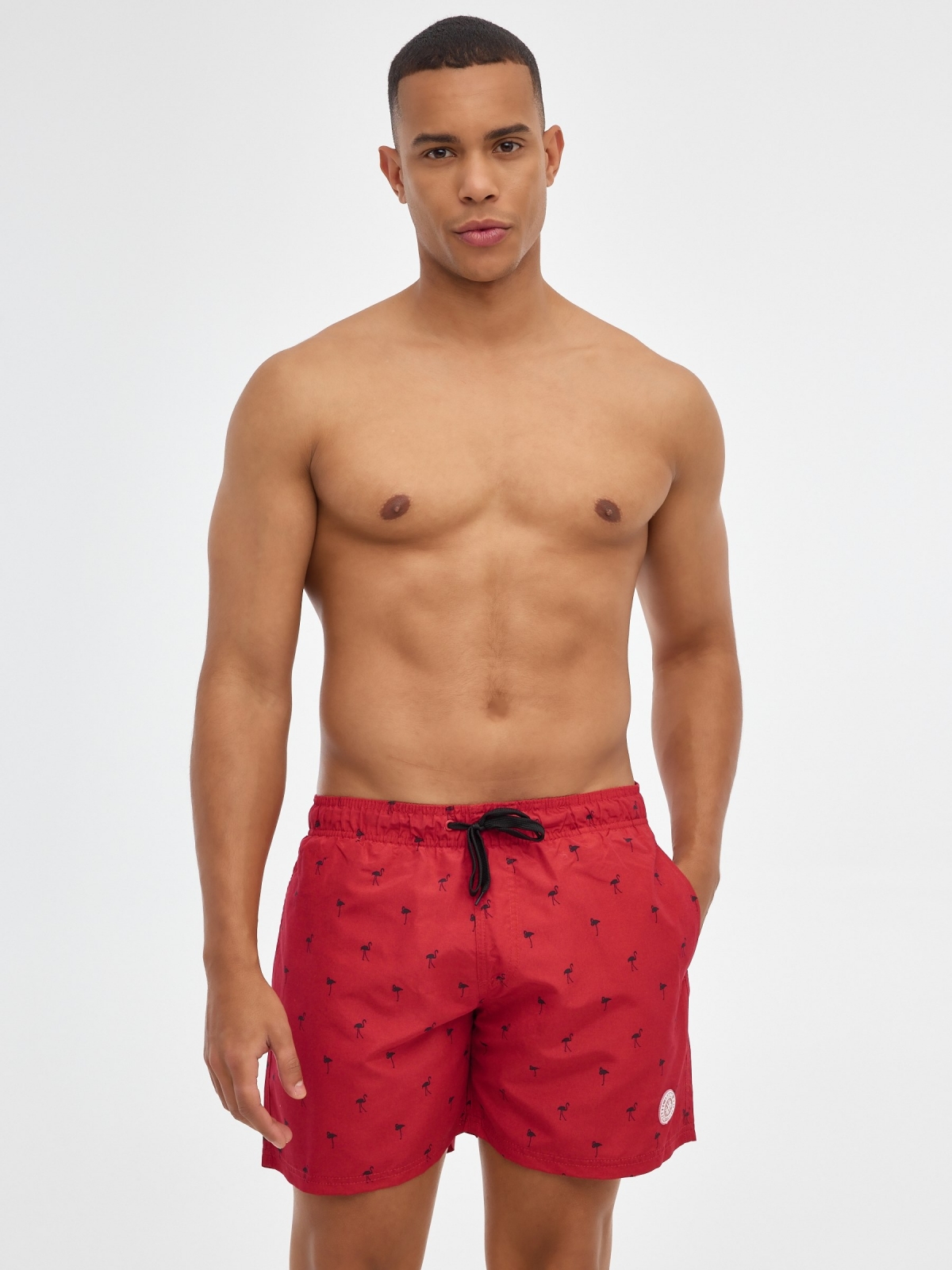 Flamingo print swimsuit red middle front view