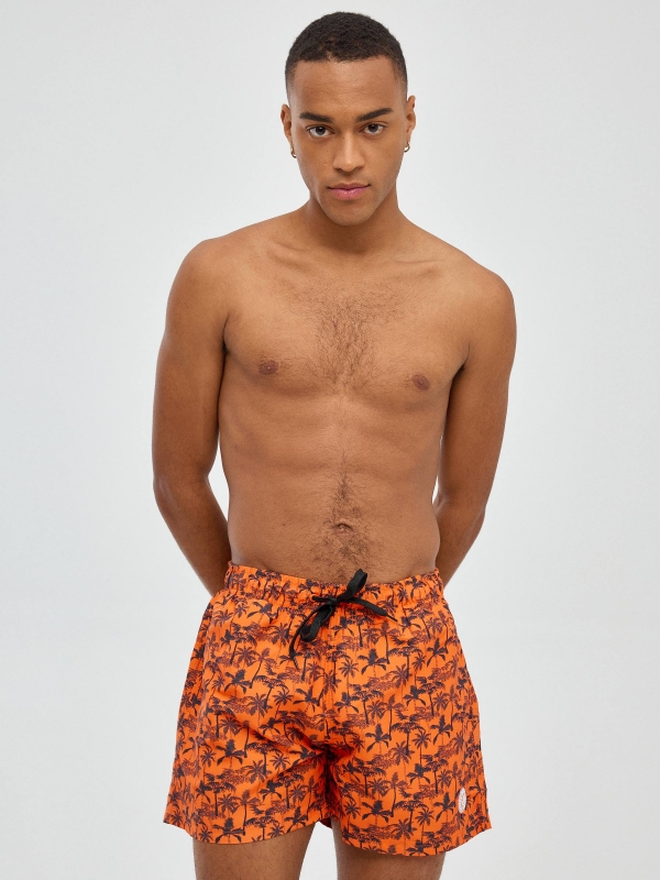 Totalprint swimsuit palm trees orange middle front view