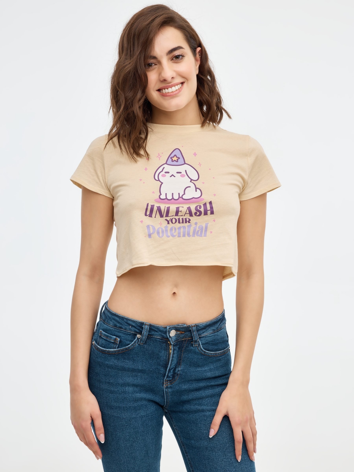 Unleaash crop top sand middle front view