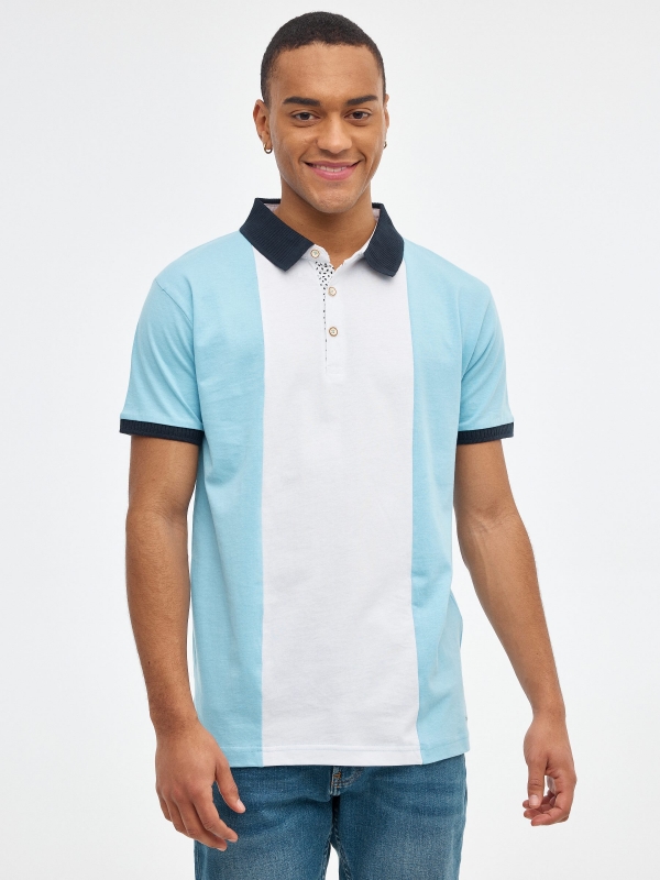 Blue color block polo shirt light blue middle front view