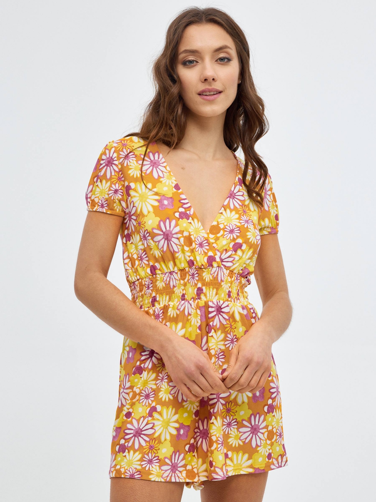 Daisy print short jumpsuit orange front view