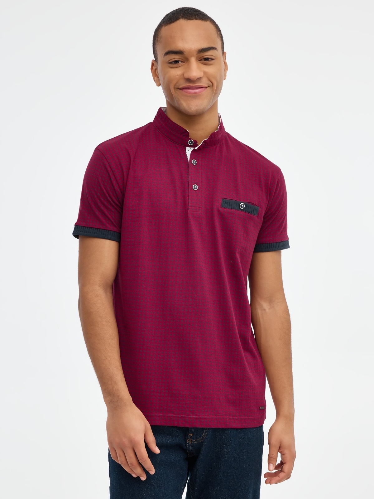 Geometric print polo shirt garnet middle front view
