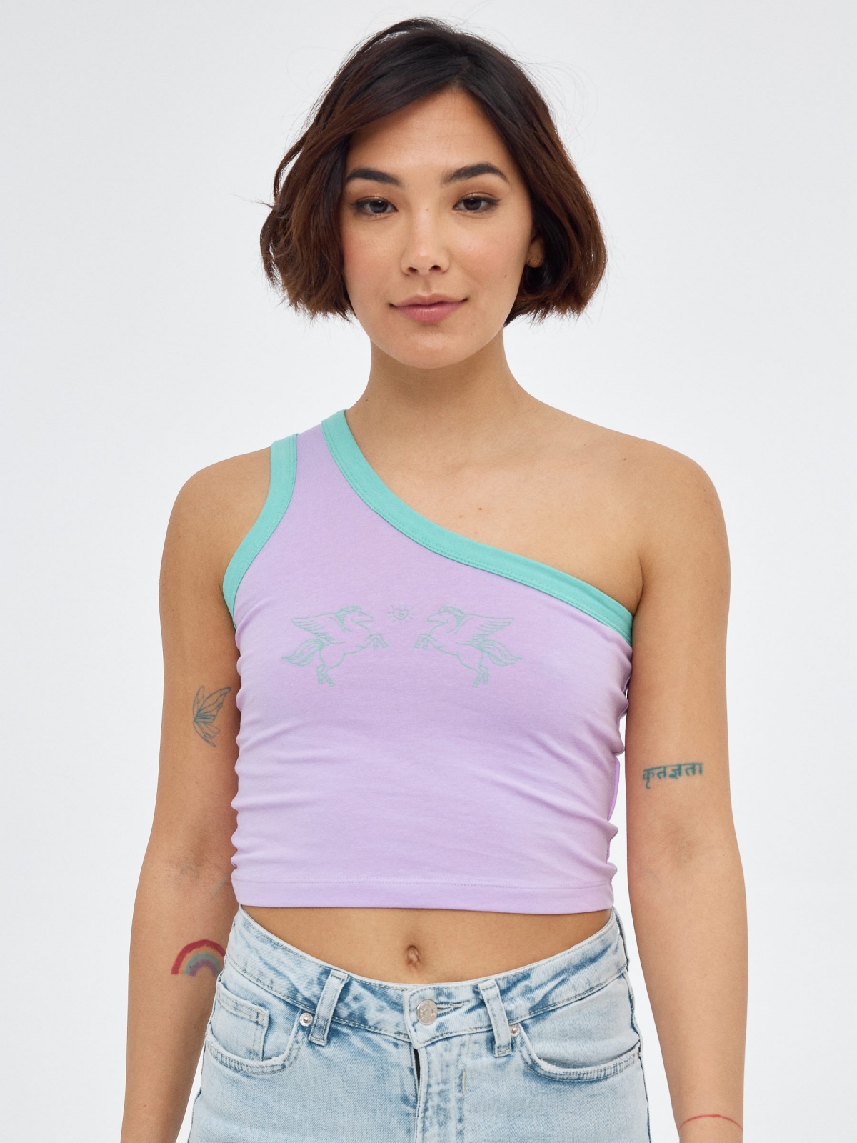 Asymmetric top print unicor mauve middle front view