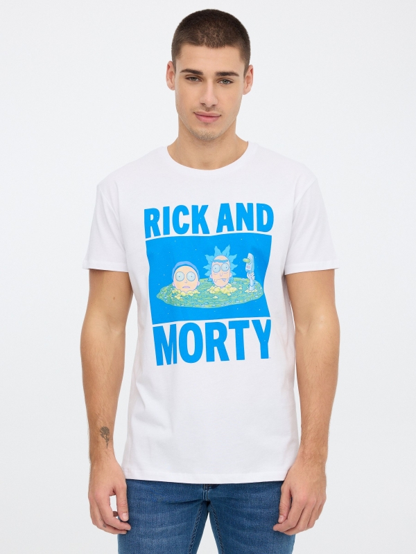 T-shirt Rick & Morty branco vista meia frontal