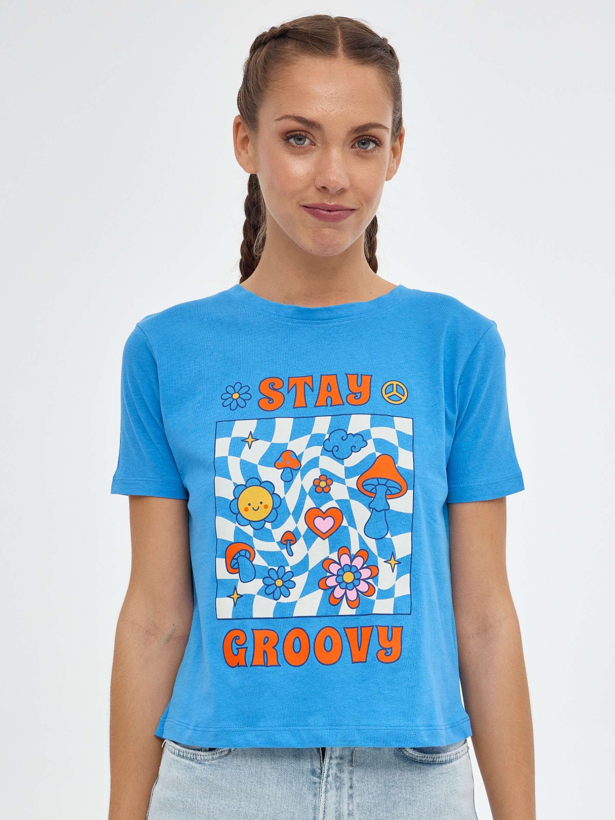 Stay Groovy T-shirt azul vista meia frontal