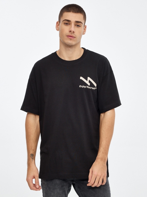 T-shirt com impressão Enjoy Yourself preto vista meia frontal