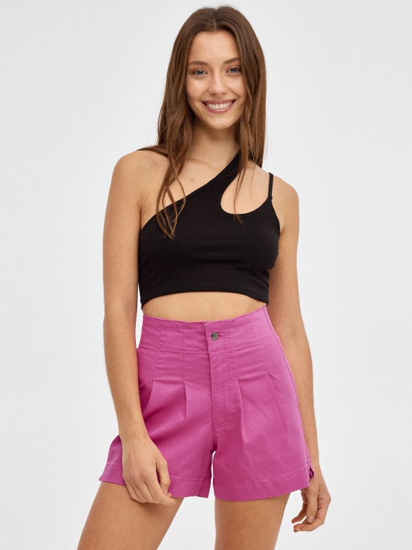 Calções de corte justo com dardos magenta vista meia frontal