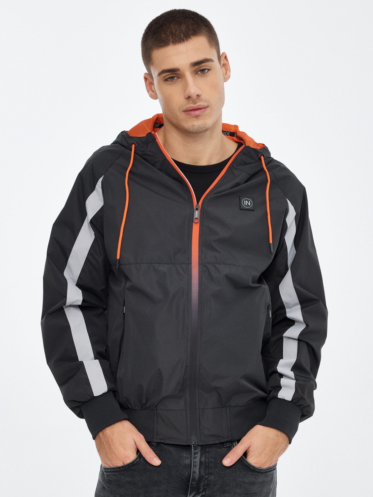 Lightweight hooded jacket black middle front view