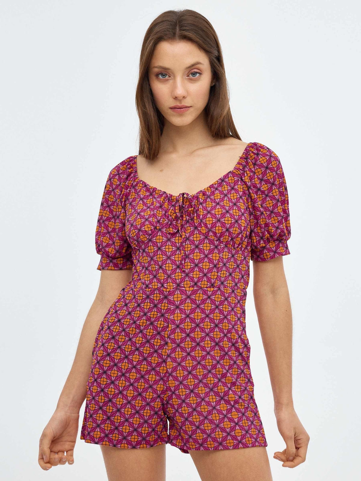 Retro print short jumpsuit multicolor front view