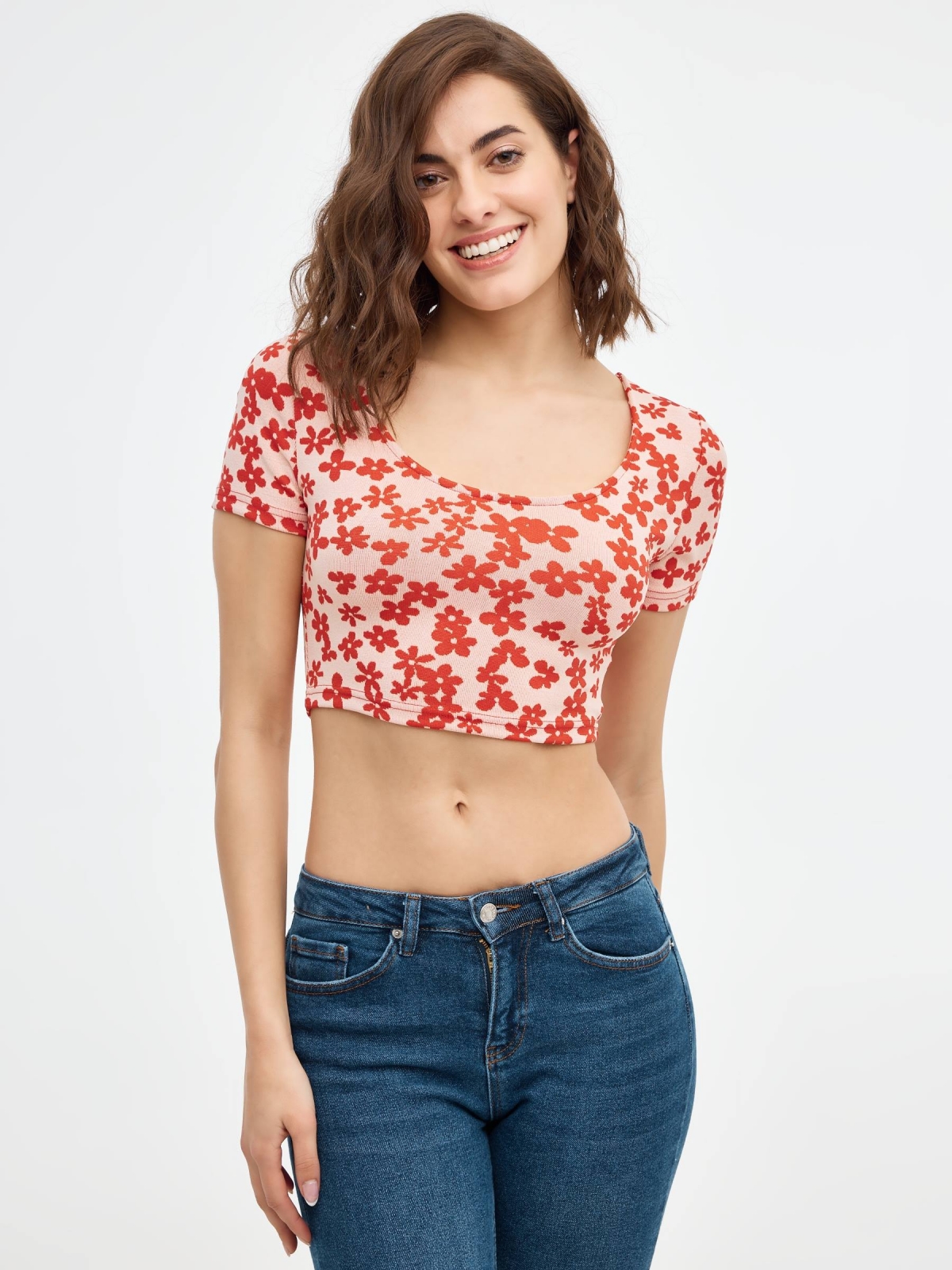 Camiseta Crop Print flores multicolor vista media frontal