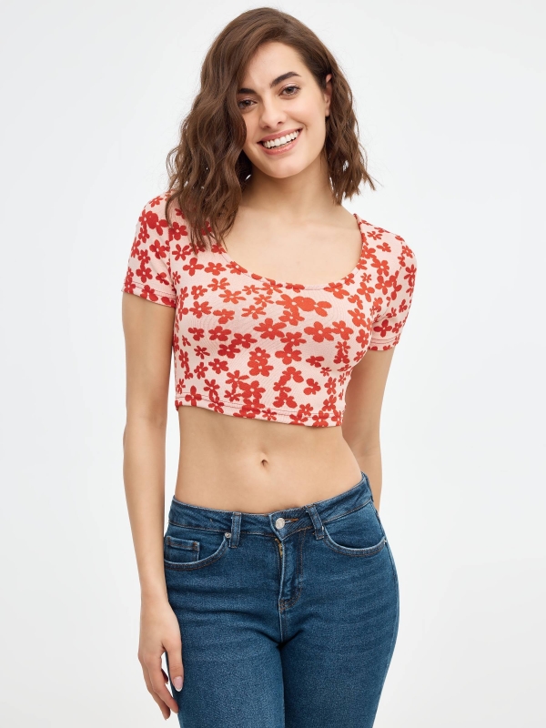 Flower Crop Print T-shirt multicolor middle front view