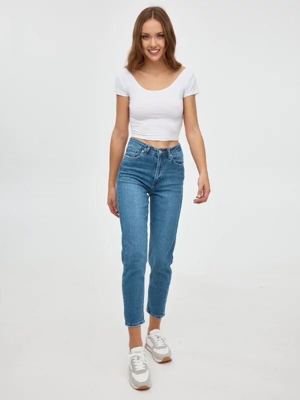 Mom slim jeans blue front view