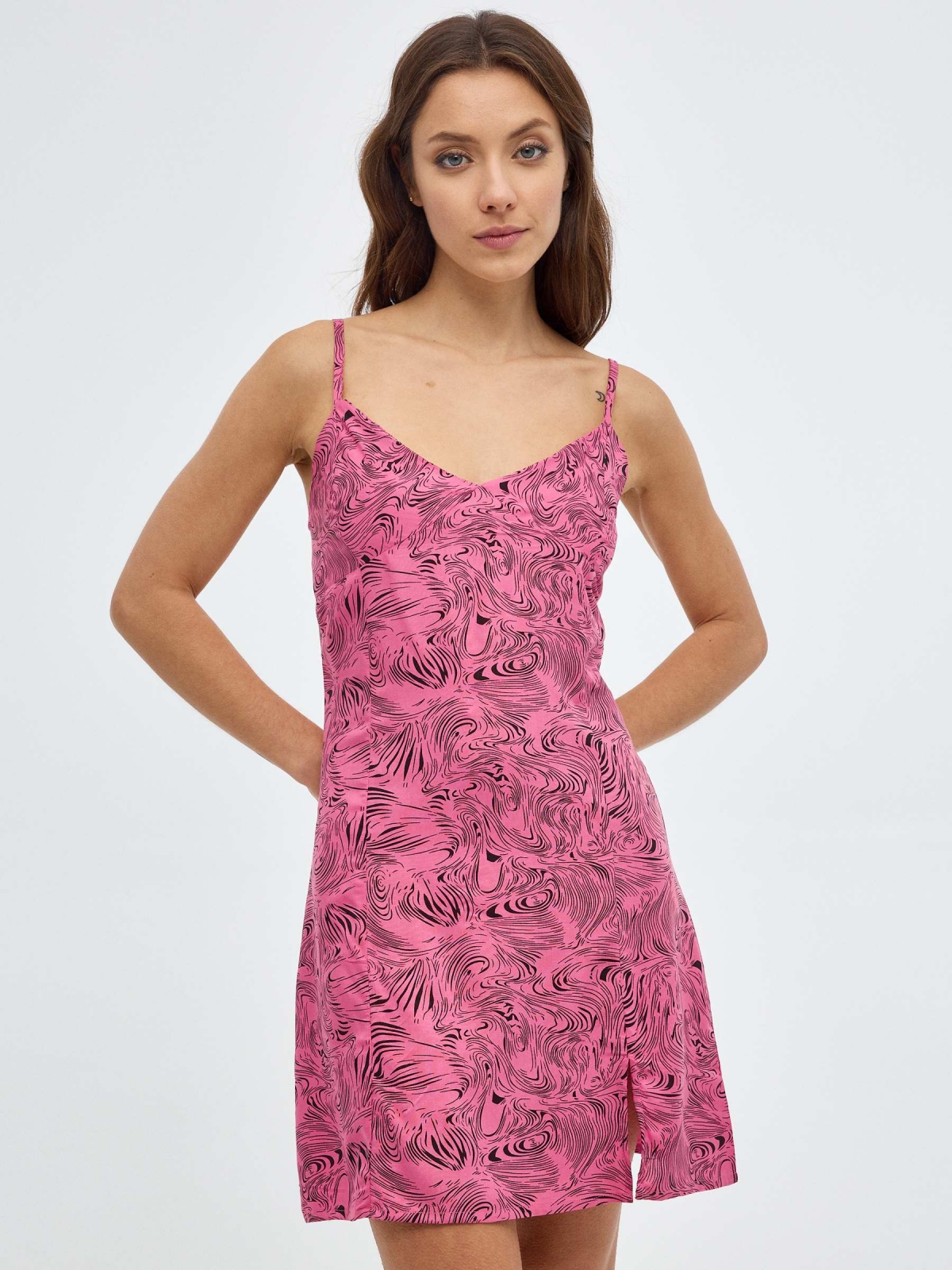 Vestido mini print psicodélico rosa chicle vista media frontal