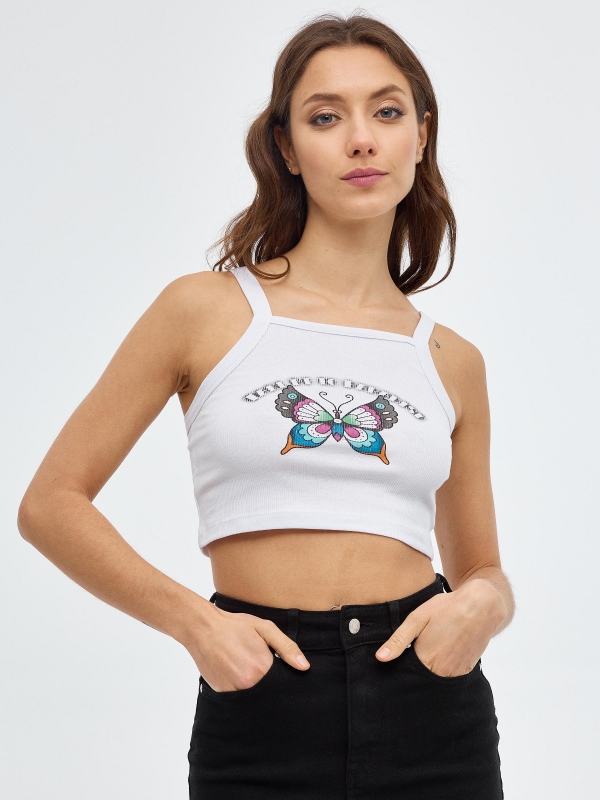 Crop top de borboletas branco vista meia frontal