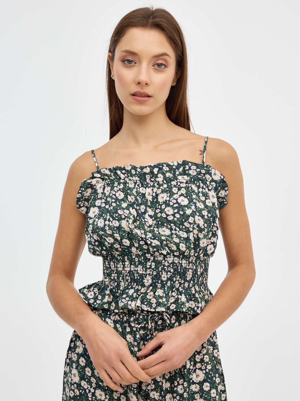 Printed strapless blouse navy middle front view