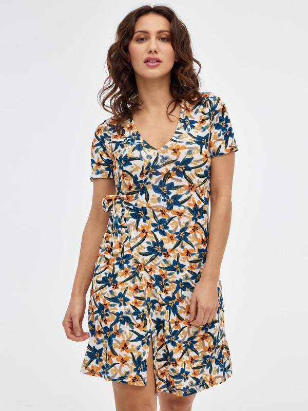 Vestido mini print flores blanco roto vista media frontal
