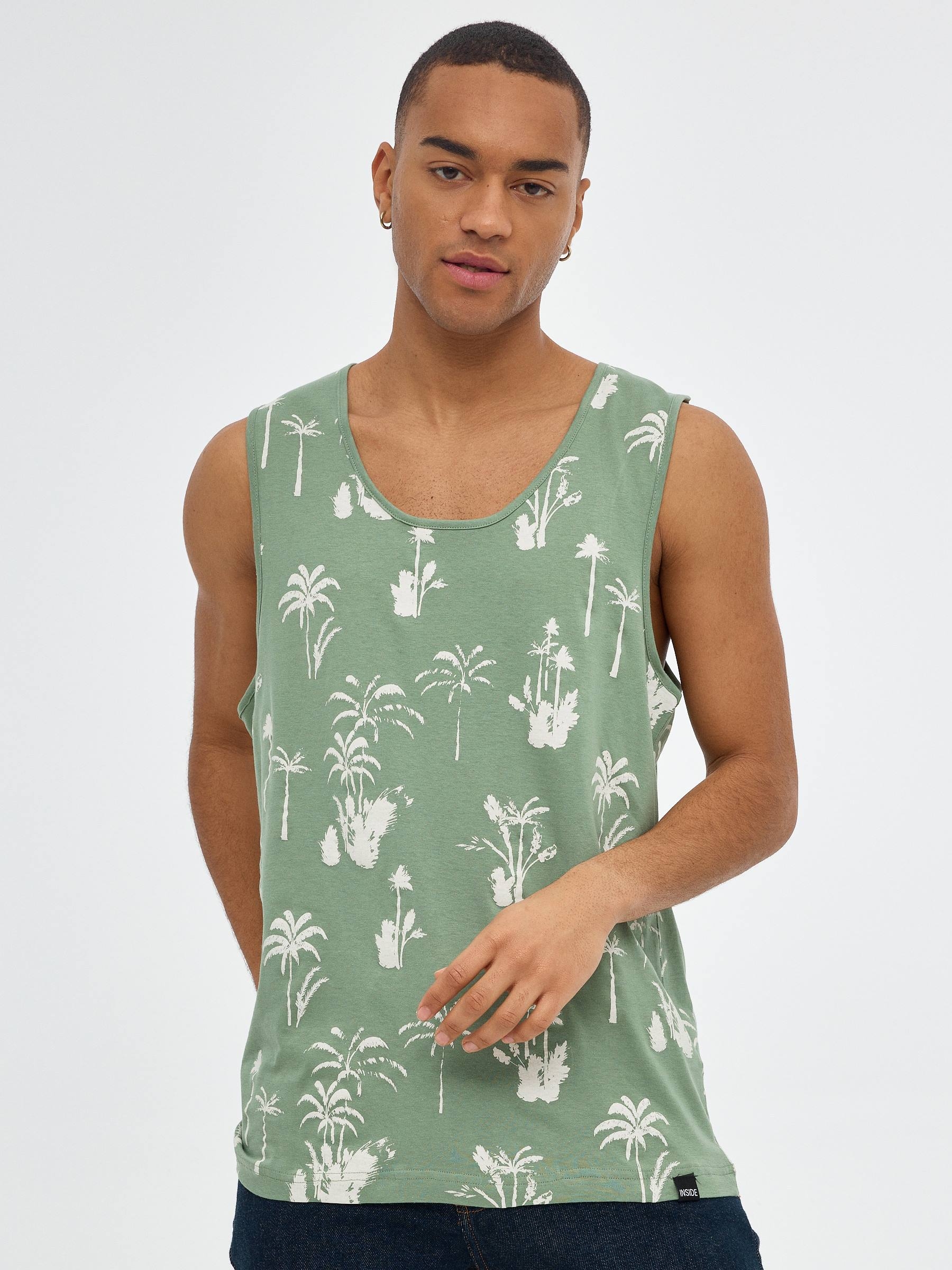 Palm tree print tank top olive green middle front view